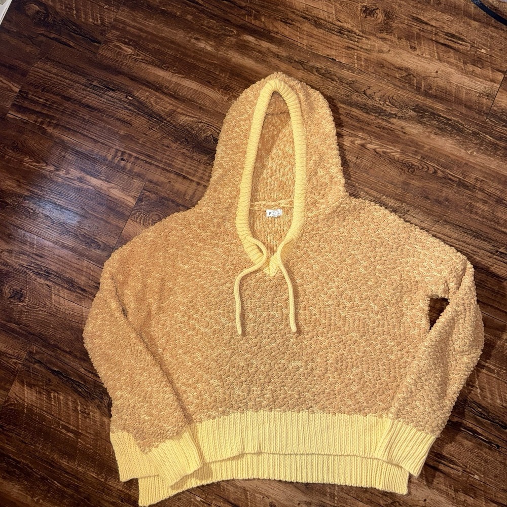 POL Women's Medium Popcorn Textured Mustard Hoodie Pullover Sweater